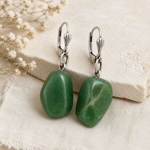 Vintage Genuine Nephrite Green Jade Aventurine Dangle Earrings Stone 1950s